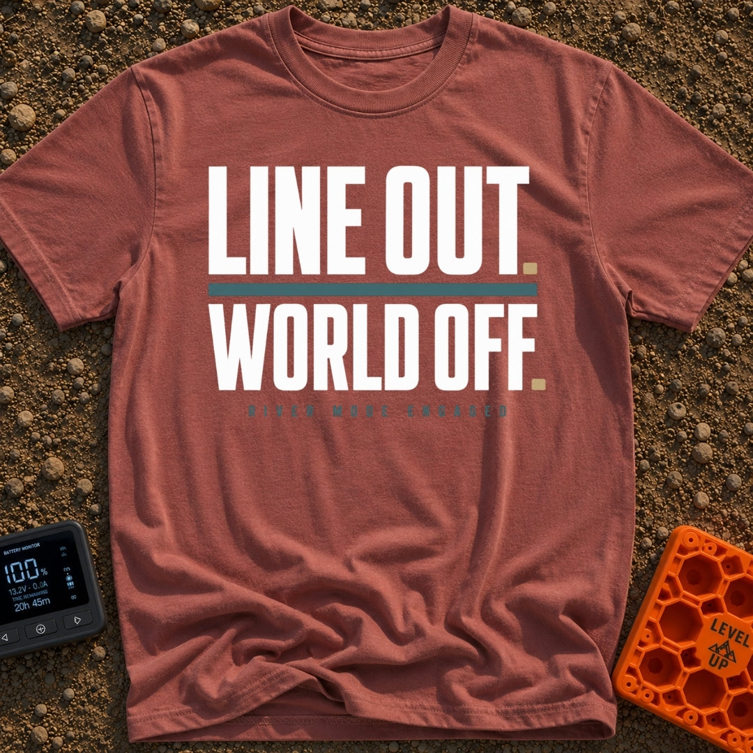 Disconnect to Reconnect - T-Shirt in Brick - A text-based design displaying the large, faded white phrases "LINE OUT."...