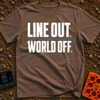Disconnect to Reconnect - T-Shirt in Espresso - A text-based design displaying the large, faded white phrases "LINE OUT."...