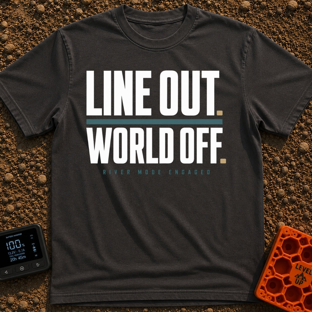 Disconnect to Reconnect - T-Shirt in Graphite - A text-based design displaying the large, faded white phrases "LINE OUT."...
