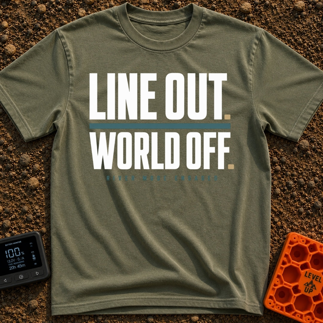 Disconnect to Reconnect - T-Shirt in Moss - A text-based design displaying the large, faded white phrases "LINE OUT." and...