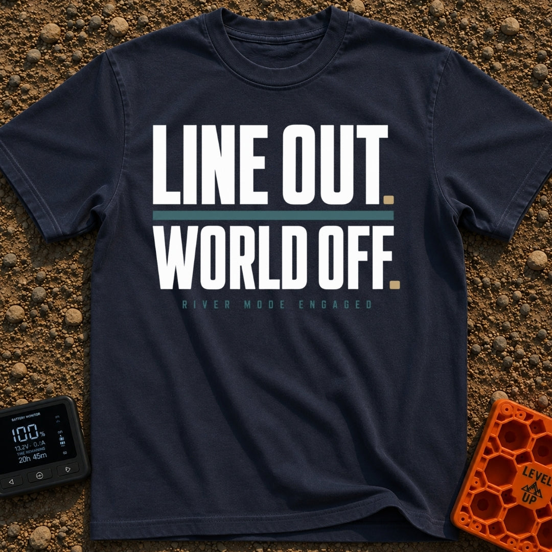 Disconnect to Reconnect - T-Shirt in Navy - A text-based design displaying the large, faded white phrases "LINE OUT." and...