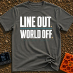 Disconnect to Reconnect - T-Shirt in Pepper - A text-based design displaying the large, faded white phrases "LINE OUT."...