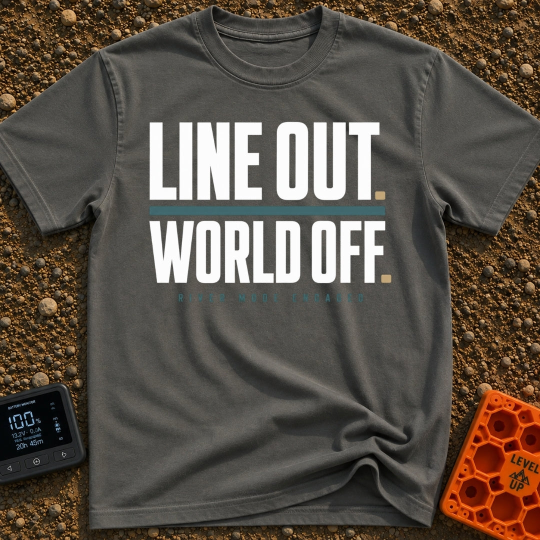 Disconnect to Reconnect - T-Shirt in Pepper - A text-based design displaying the large, faded white phrases "LINE OUT."...