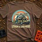 Charged With Tunes - T-Shirt in Espresso - A vintage-style illustration of a green camper van parked at a campsite with...