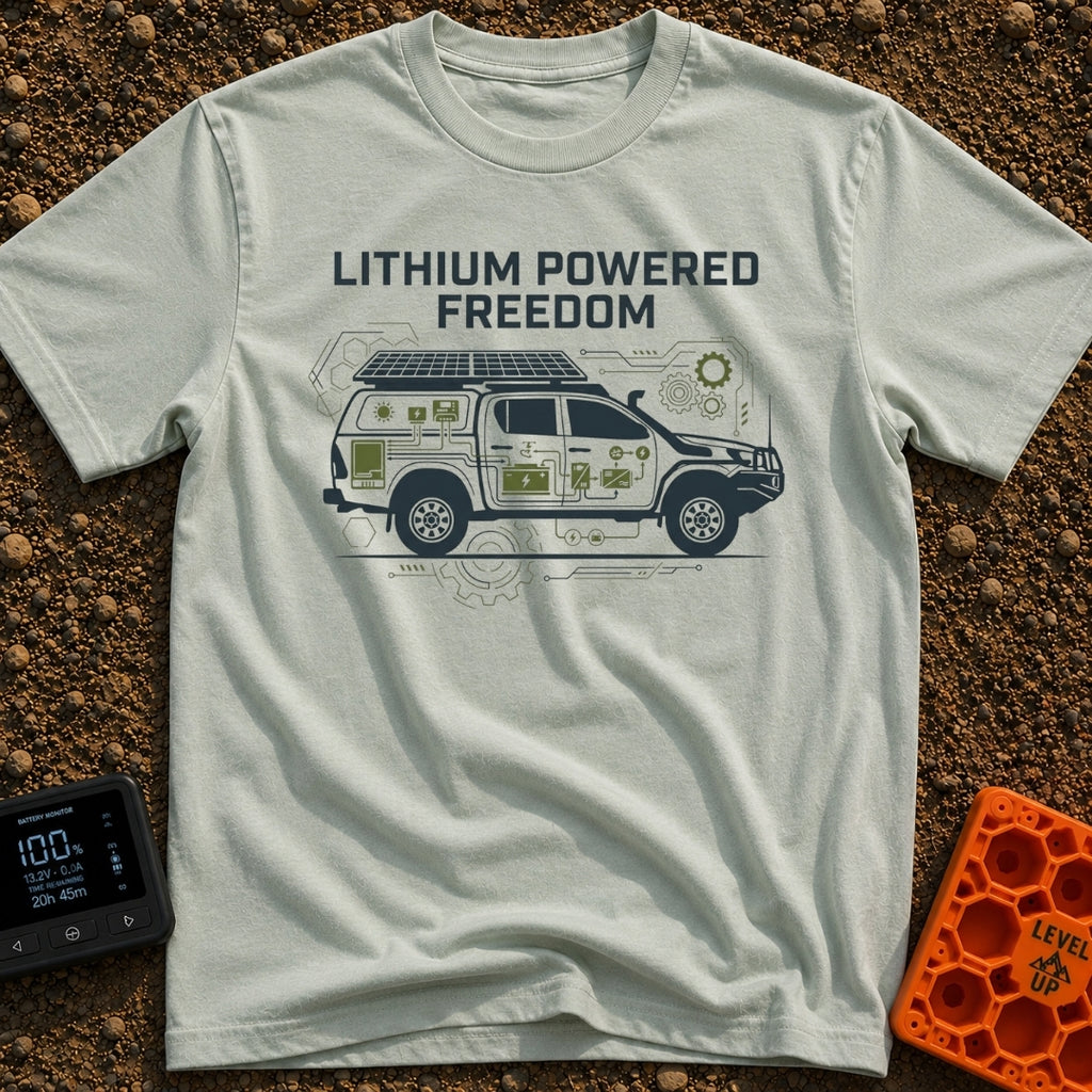 Electric Escape Plan - T-Shirt in Bay - A side-profile graphic of a pickup truck with a camper shell and roof-mounted...