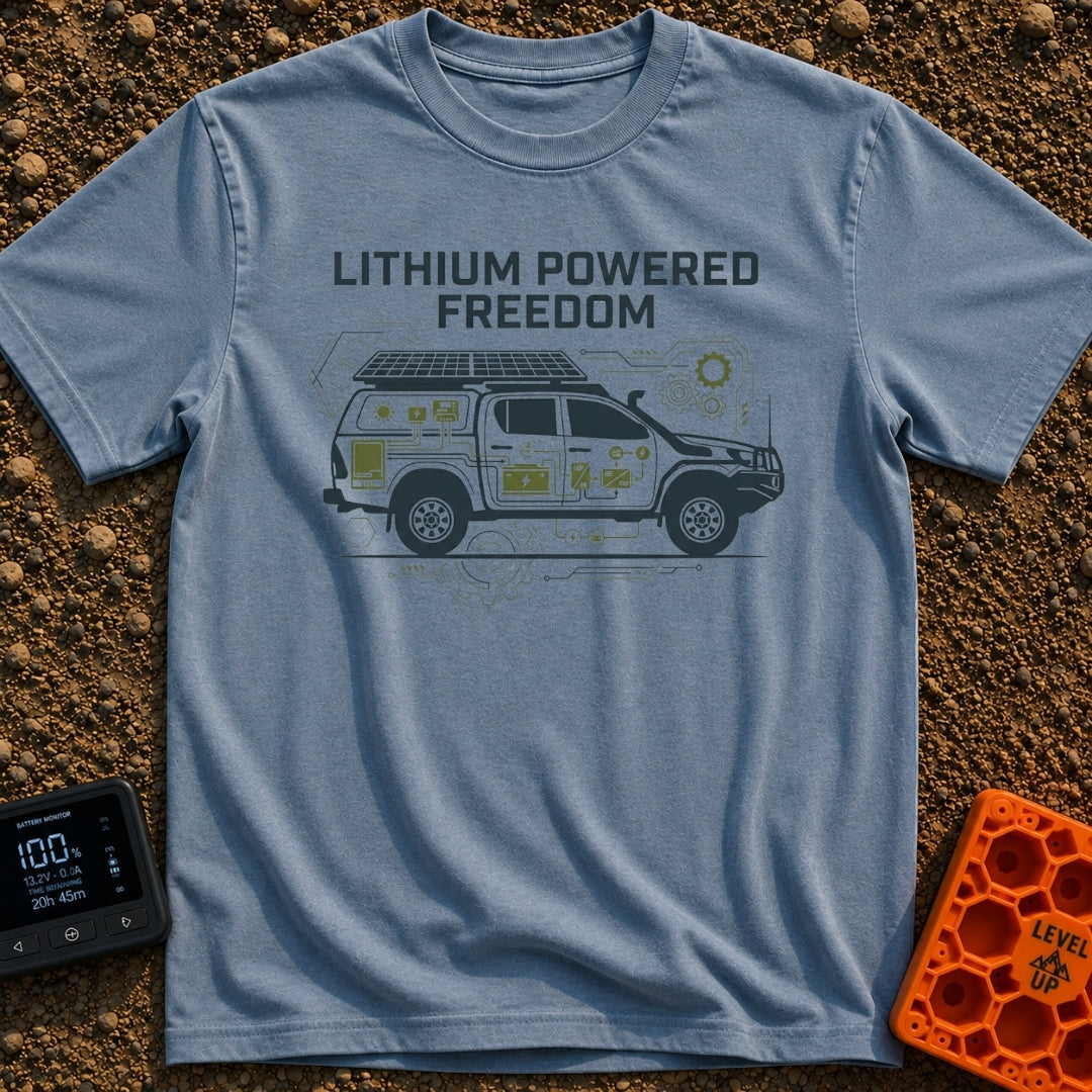 Electric Escape Plan - T-Shirt in Blue Jean - A side-profile graphic of a pickup truck with a camper shell and...