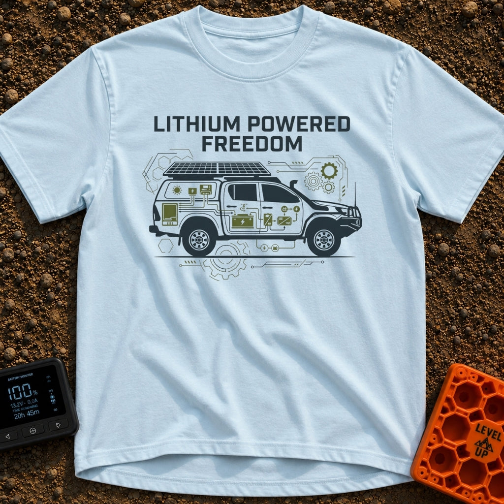 Electric Escape Plan - T-Shirt in Chambray - A side-profile graphic of a pickup truck with a camper shell and...