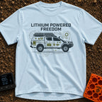 Electric Escape Plan - T-Shirt in Chambray - A side-profile graphic of a pickup truck with a camper shell and...