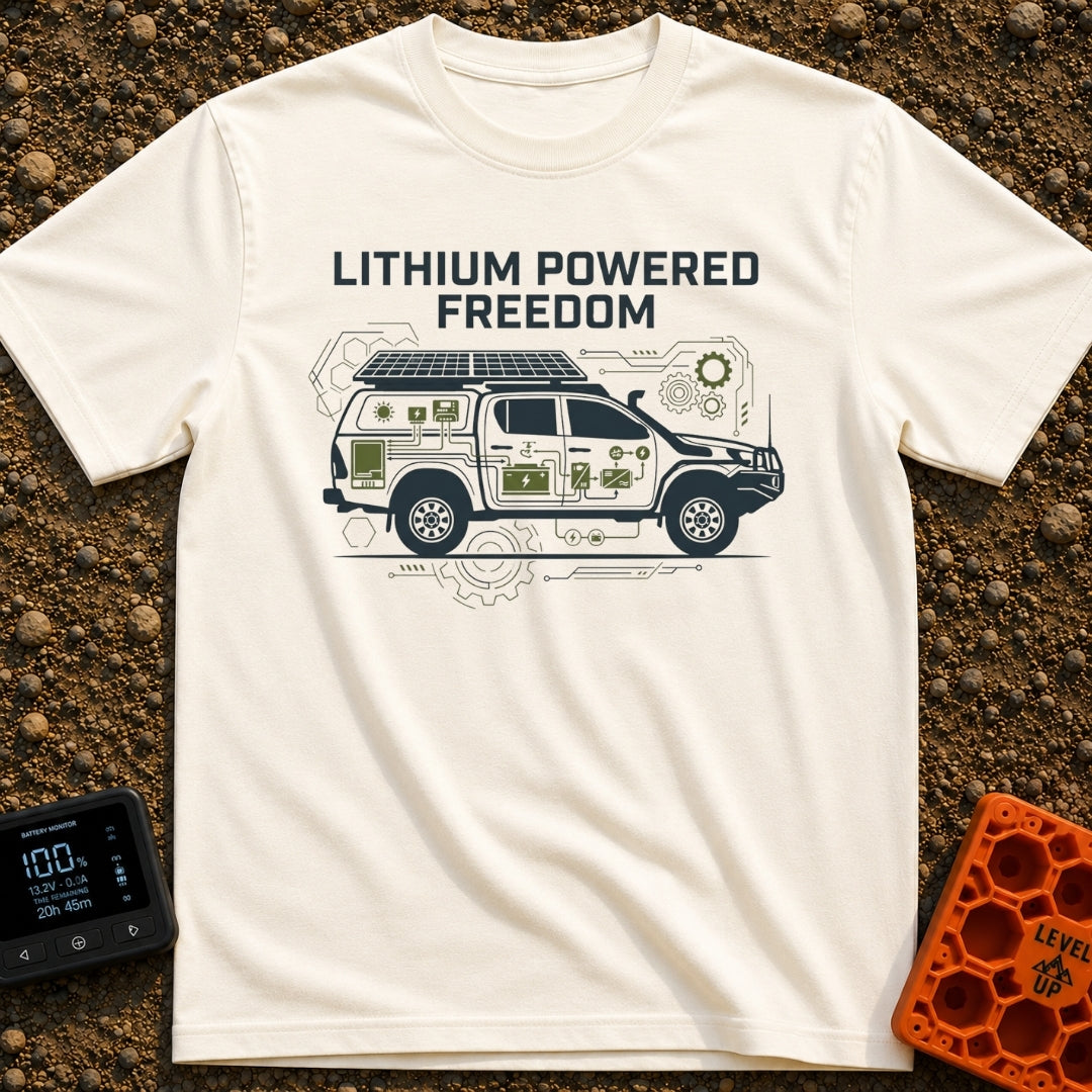 Electric Escape Plan - T-Shirt in Ivory - A side-profile graphic of a pickup truck with a camper shell and roof-mounted...