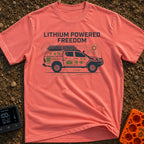 Electric Escape Plan - T-Shirt in Watermelon - A side-profile graphic of a pickup truck with a camper shell and...