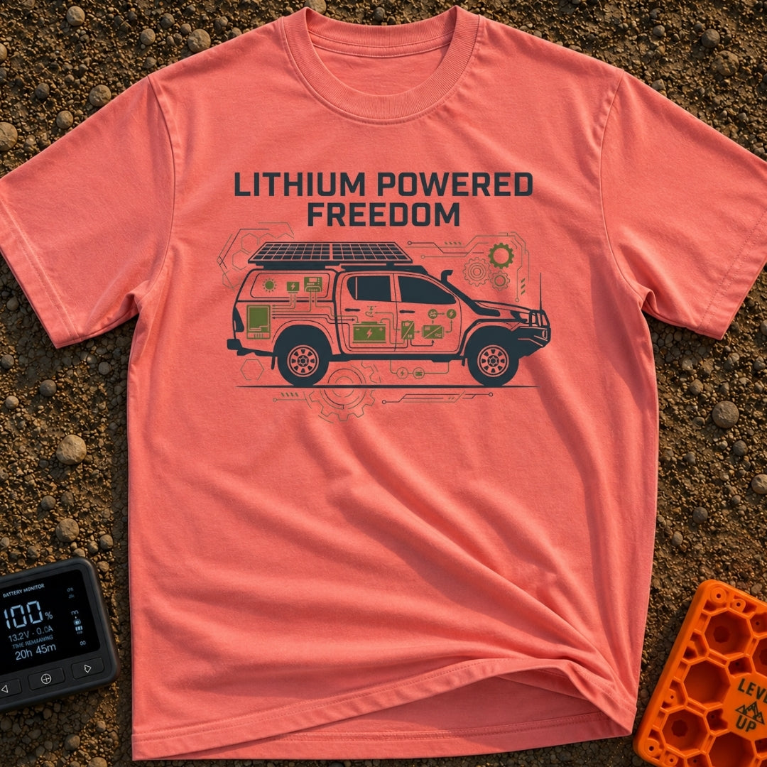 Electric Escape Plan - T-Shirt in Watermelon - A side-profile graphic of a pickup truck with a camper shell and...