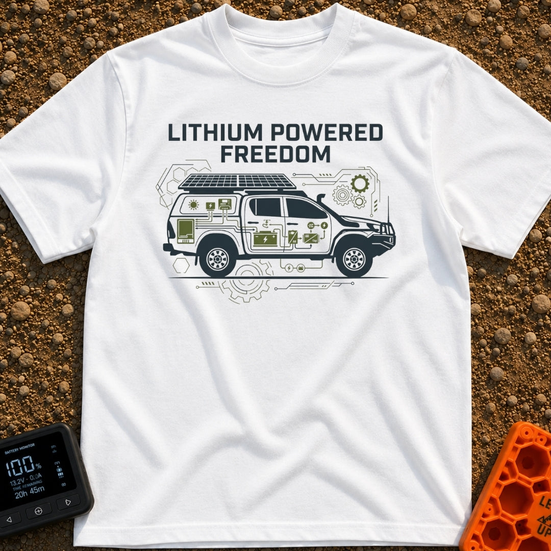 Electric Escape Plan - T-Shirt in White - A side-profile graphic of a pickup truck with a camper shell and roof-mounted...