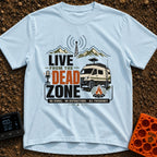 Dead Zone Live - T-Shirt in Chambray - A graphic featuring an off-road camper van parked near a campfire with mountains...