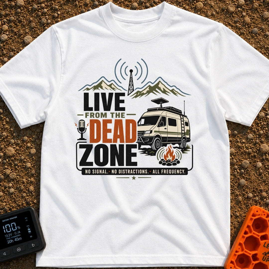 Dead Zone Live - T-Shirt in White - A graphic featuring an off-road camper van parked near a campfire with mountains and...