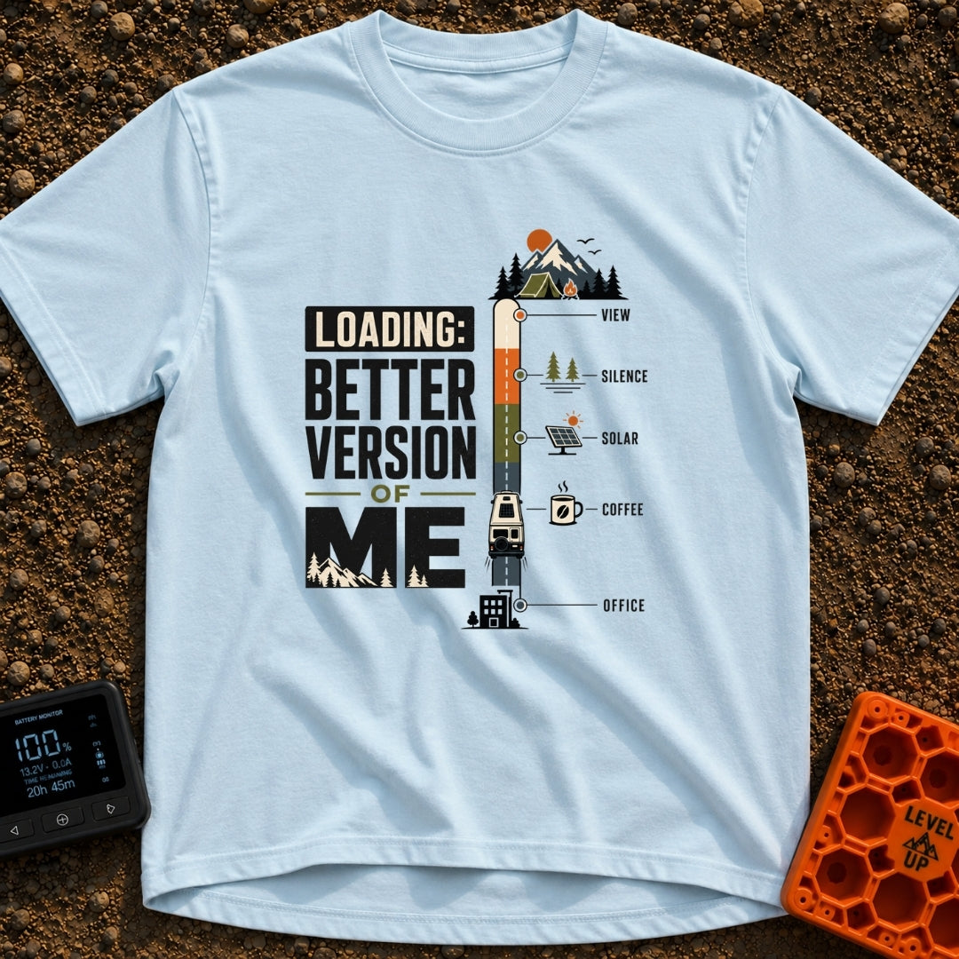Better Version Loading - T-Shirt in Chambray - A graphic reading "LOADING: BETTER VERSION OF ME" next to a vertical...