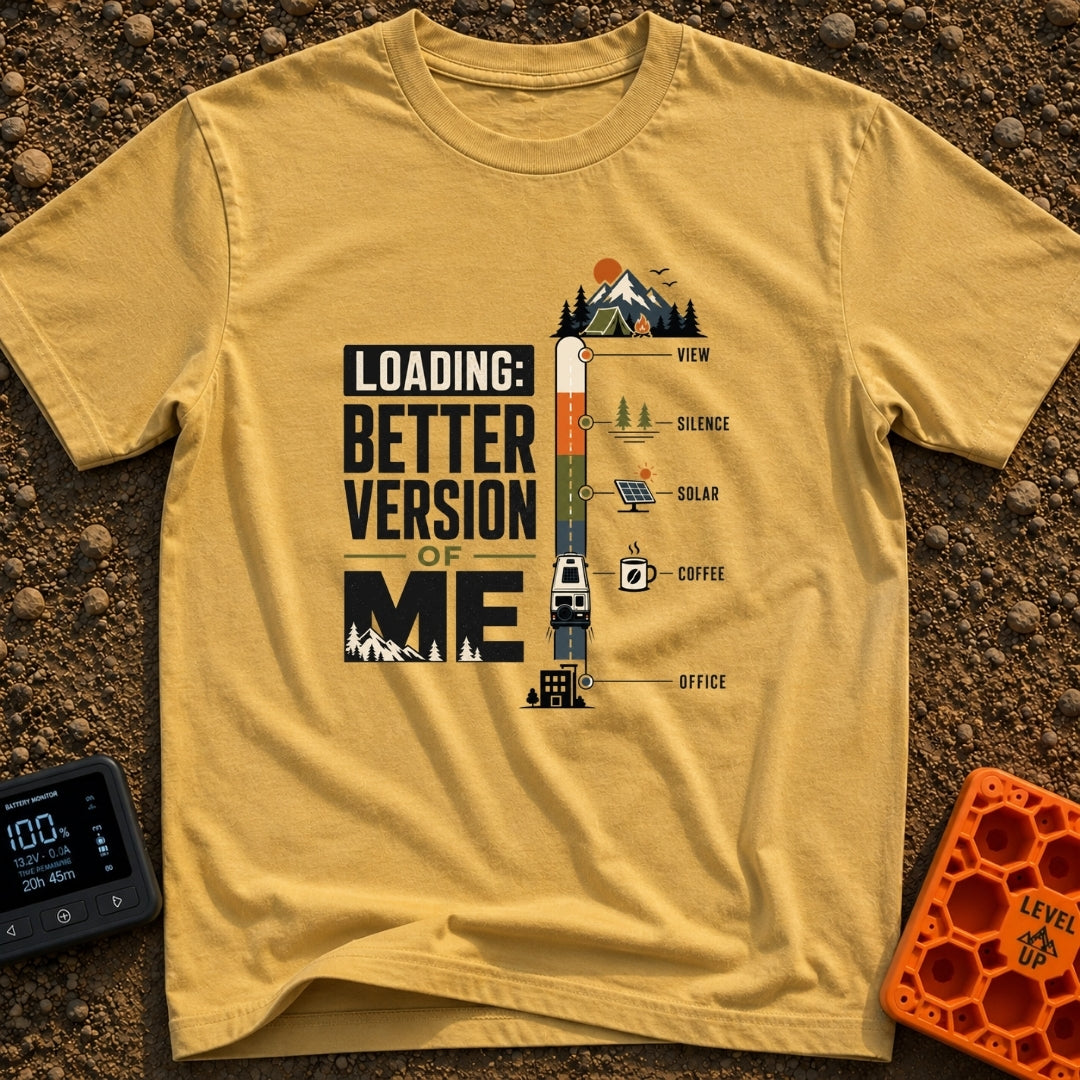 Better Version Loading - T-Shirt in Mustard - A graphic reading "LOADING: BETTER VERSION OF ME" next to a vertical...