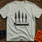 Local Area Nature - T-Shirt in Bay - A black-and-white illustration of a Wi-Fi router with four tall pine trees serving...