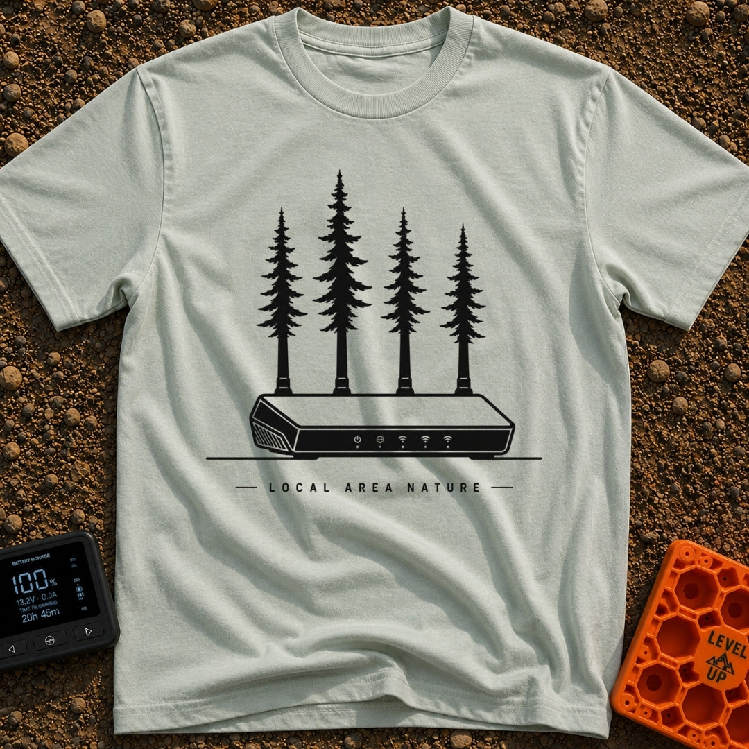 Local Area Nature - T-Shirt in Bay - A black-and-white illustration of a Wi-Fi router with four tall pine trees serving...