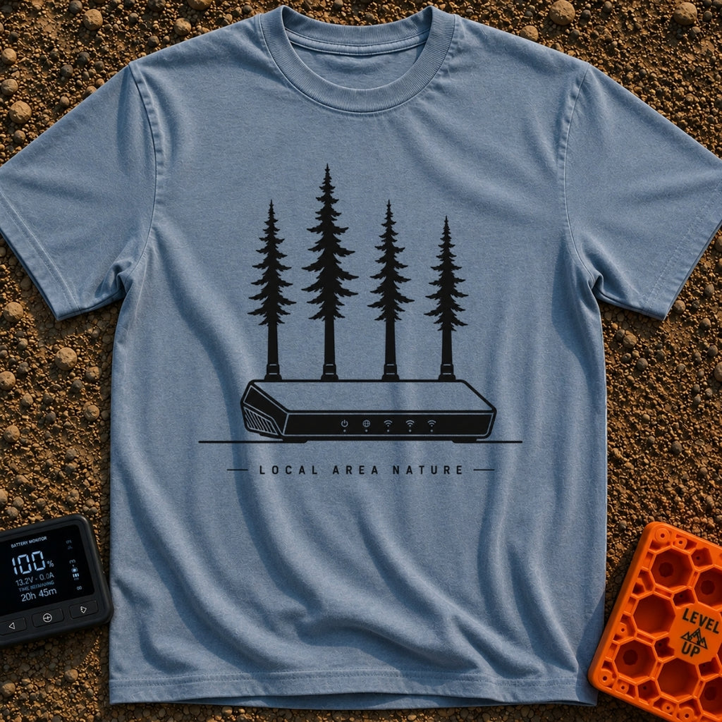 Local Area Nature - T-Shirt in Blue Jean - A black-and-white illustration of a Wi-Fi router with four tall pine trees...