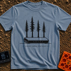 Local Area Nature - T-Shirt in Blue Jean - A black-and-white illustration of a Wi-Fi router with four tall pine trees...