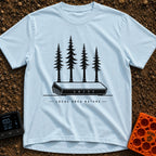 Local Area Nature - T-Shirt in Chambray - A black-and-white illustration of a Wi-Fi router with four tall pine trees...