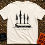 Local Area Nature - T-Shirt in Ivory - A black-and-white illustration of a Wi-Fi router with four tall pine trees serving...