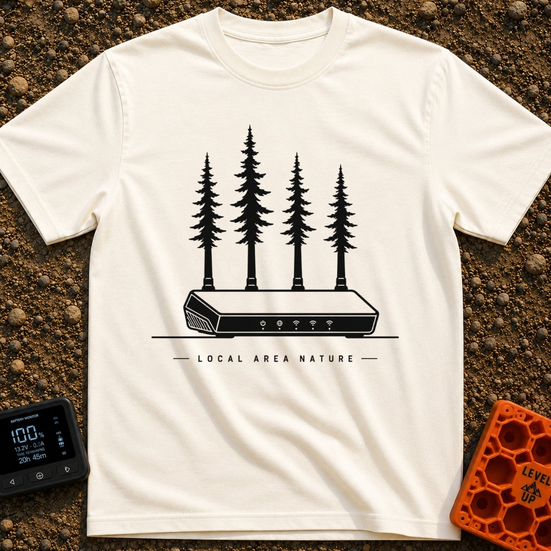 Local Area Nature - T-Shirt in Ivory - A black-and-white illustration of a Wi-Fi router with four tall pine trees serving...