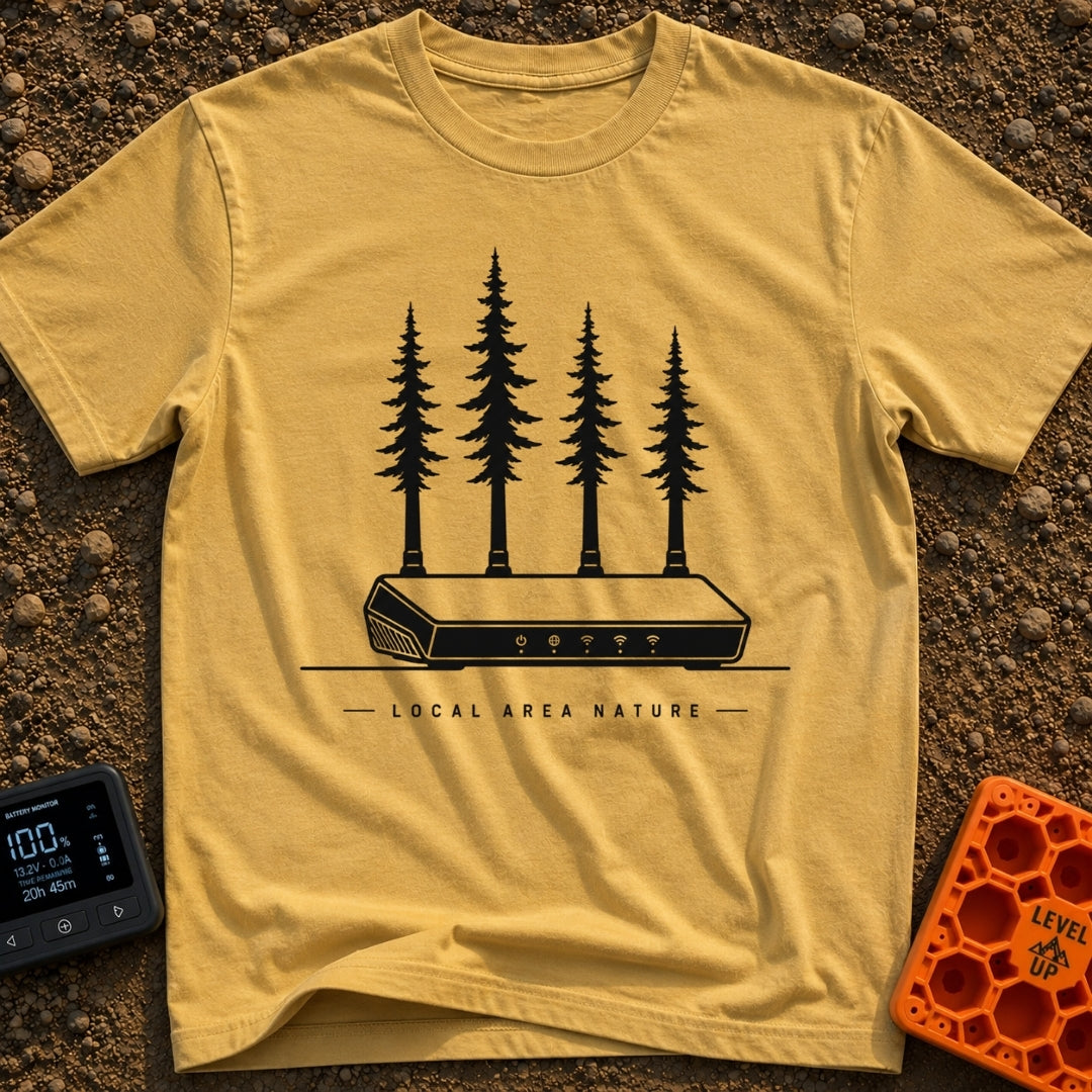 Local Area Nature - T-Shirt in Mustard - A black-and-white illustration of a Wi-Fi router with four tall pine trees...