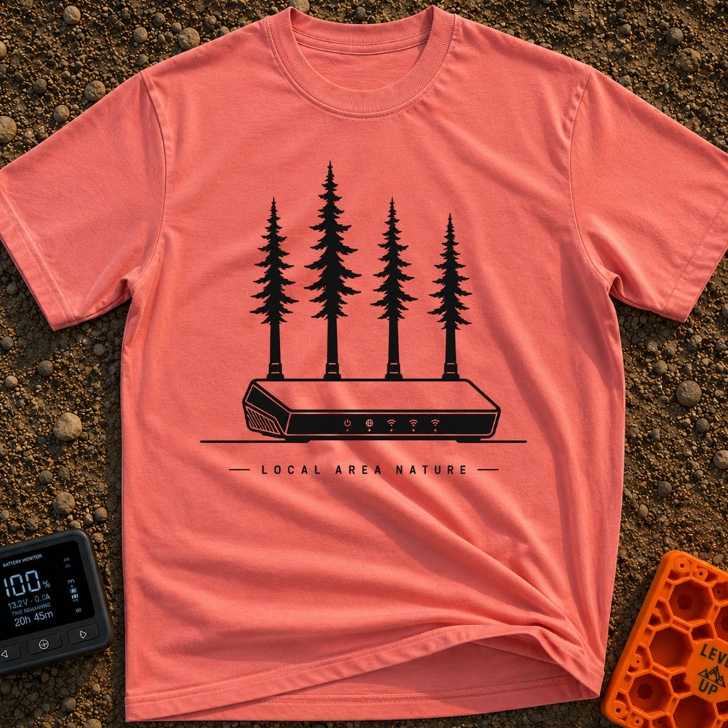 Local Area Nature - T-Shirt in Watermelon - A black-and-white illustration of a Wi-Fi router with four tall pine trees...