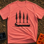 Local Area Nature - T-Shirt in Watermelon - A black-and-white illustration of a Wi-Fi router with four tall pine trees...