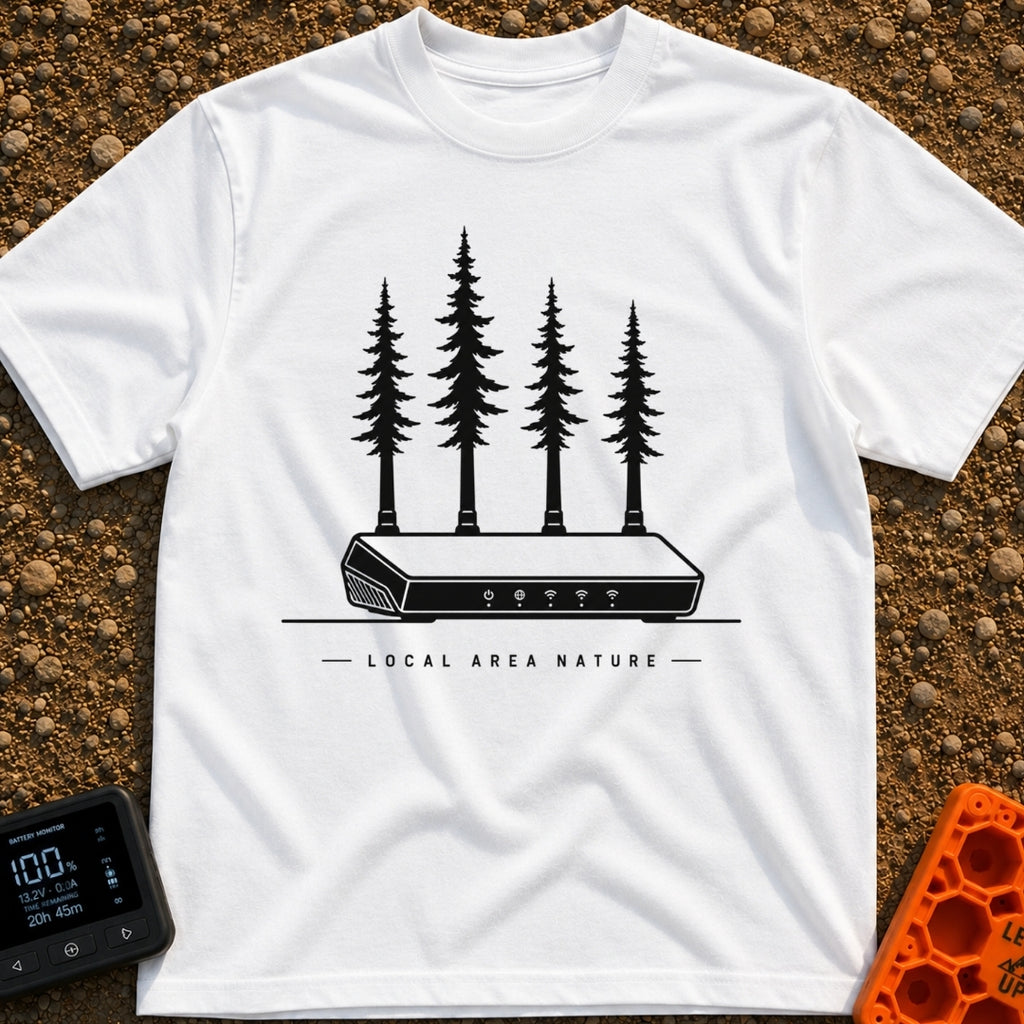 Local Area Nature - T-Shirt in White - A black-and-white illustration of a Wi-Fi router with four tall pine trees serving...
