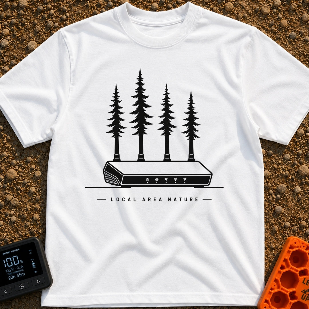 Local Area Nature - T-Shirt in White - A black-and-white illustration of a Wi-Fi router with four tall pine trees serving...