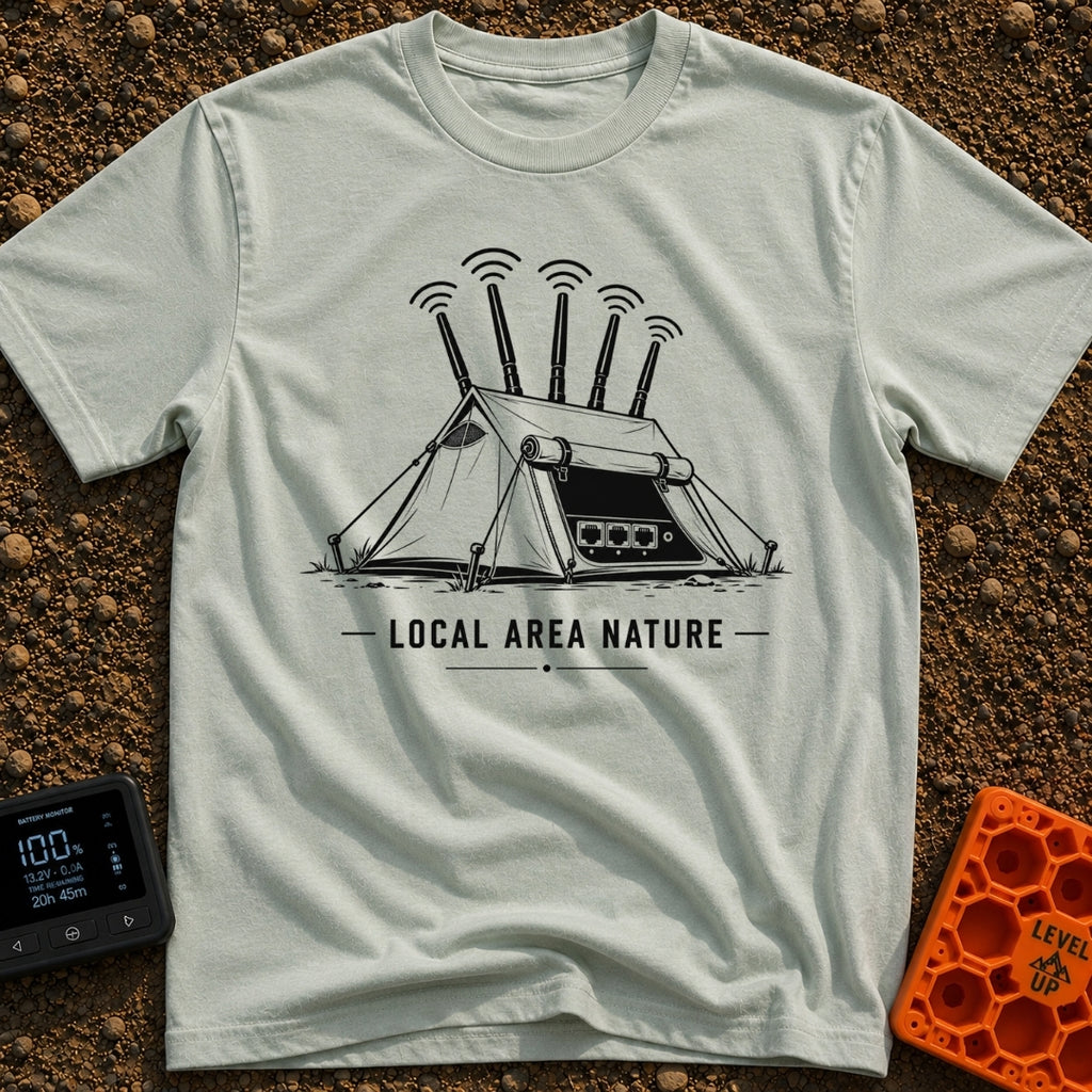 Wi-Fi Wander Lodge - T-Shirt in Bay - A black and white illustration of an A-frame camping tent stylized to look like a...