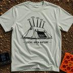 Wi-Fi Wander Lodge - T-Shirt in Bay - A black and white illustration of an A-frame camping tent stylized to look like a...
