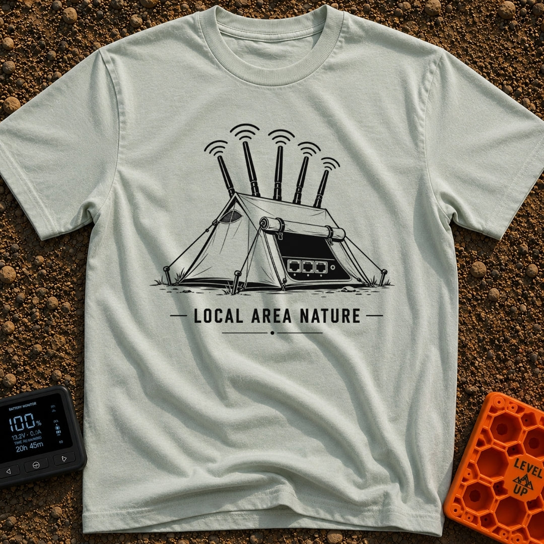 Wi-Fi Wander Lodge - T-Shirt in Bay - A black and white illustration of an A-frame camping tent stylized to look like a...