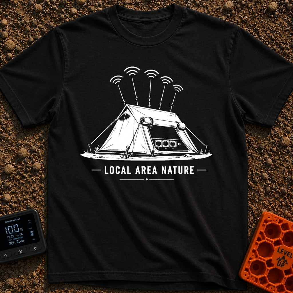 Wi-Fi Wander Lodge - T-Shirt in Black - A black and white illustration of an A-frame camping tent stylized to look like a...