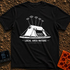 Wi-Fi Wander Lodge - T-Shirt in Black - A black and white illustration of an A-frame camping tent stylized to look like a...