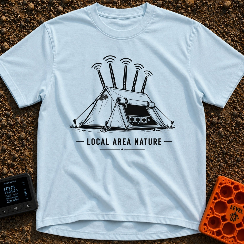 Wi-Fi Wander Lodge - T-Shirt in Chambray - A black and white illustration of an A-frame camping tent stylized to look...