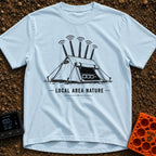 Wi-Fi Wander Lodge - T-Shirt in Chambray - A black and white illustration of an A-frame camping tent stylized to look...