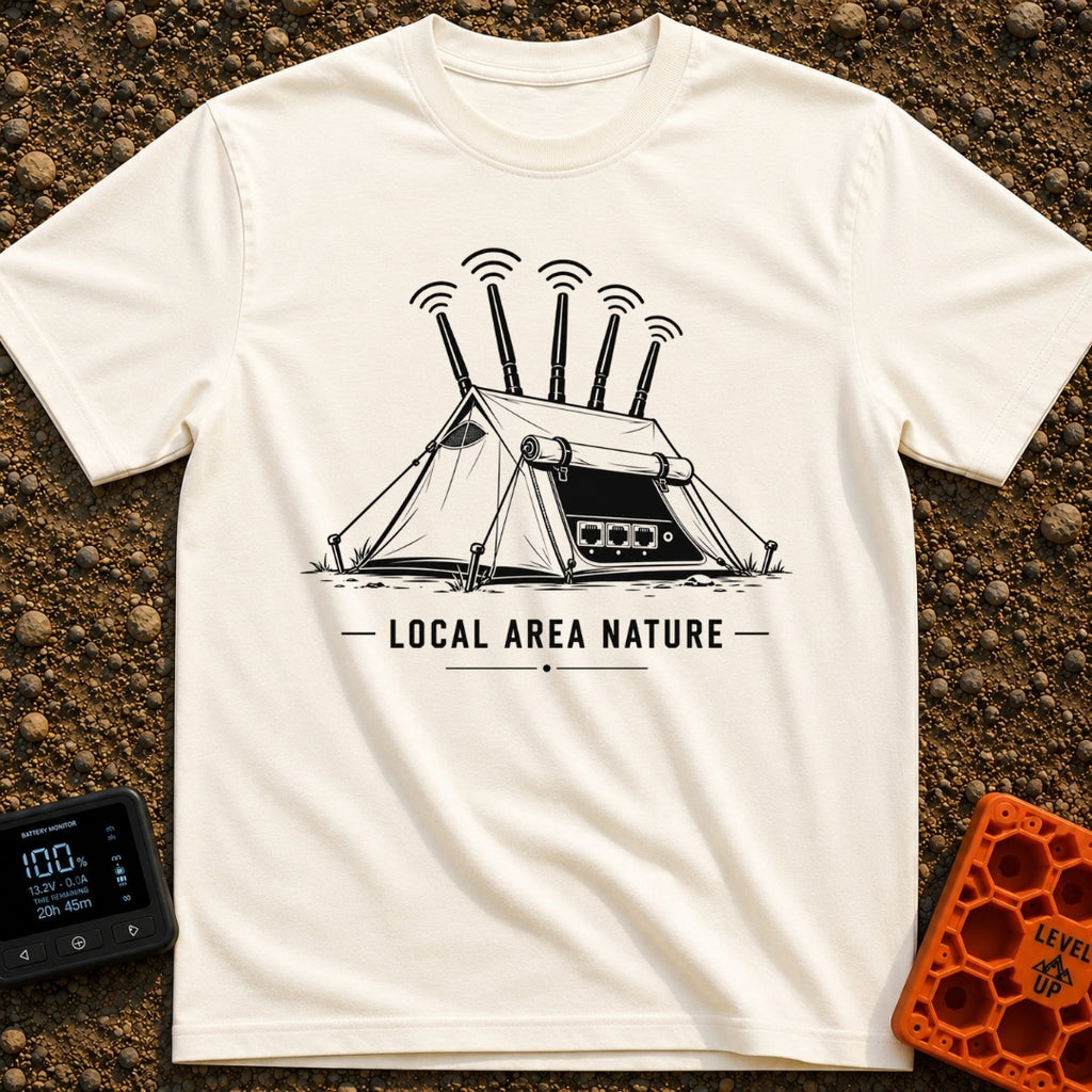 Wi-Fi Wander Lodge - T-Shirt in Ivory - A black and white illustration of an A-frame camping tent stylized to look like a...