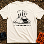 Wi-Fi Wander Lodge - T-Shirt in Ivory - A black and white illustration of an A-frame camping tent stylized to look like a...