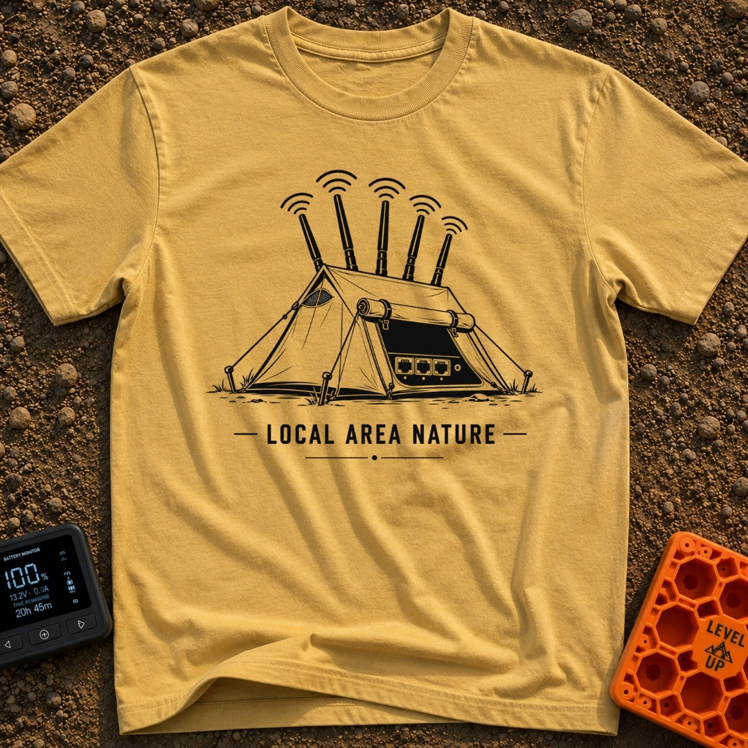 Wi-Fi Wander Lodge - T-Shirt in Mustard - A black and white illustration of an A-frame camping tent stylized to look like...
