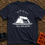 Wi-Fi Wander Lodge - T-Shirt in Navy - A black and white illustration of an A-frame camping tent stylized to look like a...