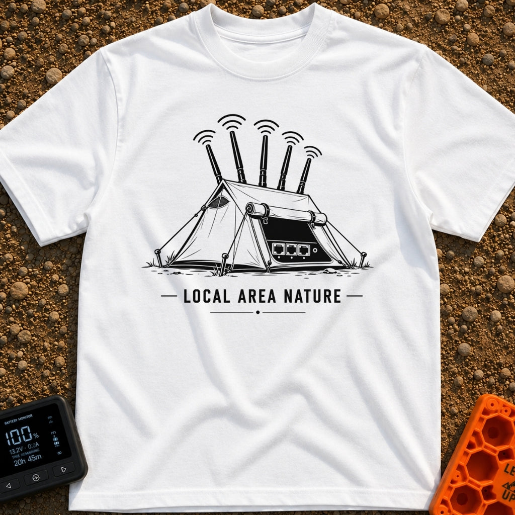 Wi-Fi Wander Lodge - T-Shirt in White - A black and white illustration of an A-frame camping tent stylized to look like a...
