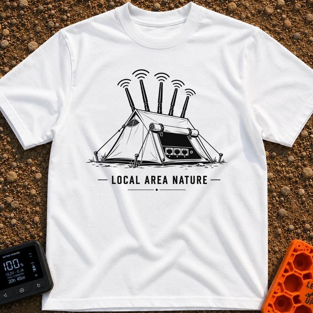 Wi-Fi Wander Lodge - T-Shirt in White - A black and white illustration of an A-frame camping tent stylized to look like a...