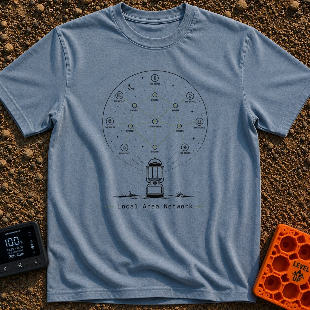 Lantern Networked Nights - T-Shirt in Blue Jean - A line drawing of a classic camping lantern on the ground, with a large...