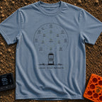 Lantern Networked Nights - T-Shirt in Blue Jean - A line drawing of a classic camping lantern on the ground, with a large...