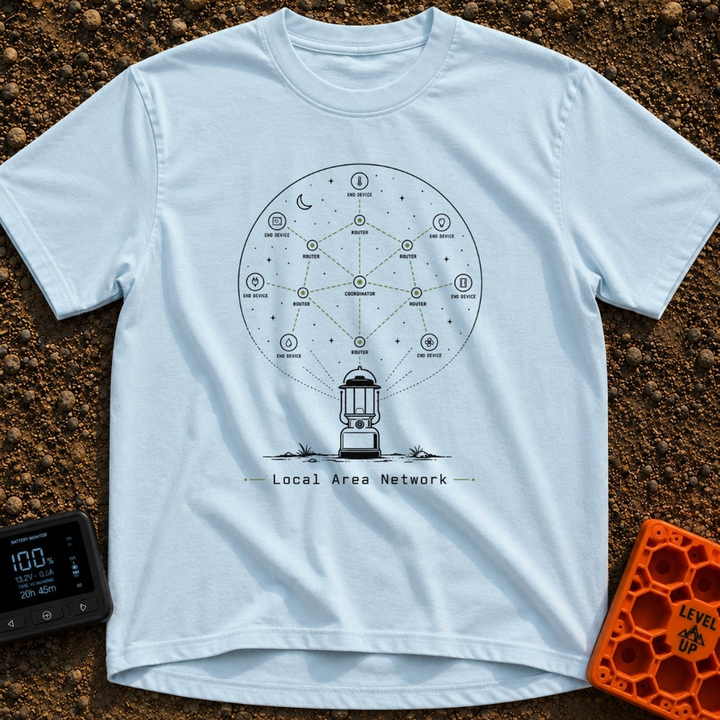 Lantern Networked Nights - T-Shirt in Chambray - A line drawing of a classic camping lantern on the ground, with a large...