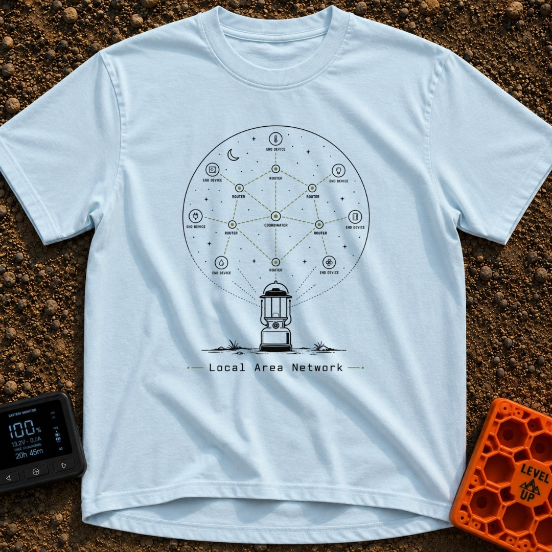 Lantern Networked Nights - T-Shirt in Chambray - A line drawing of a classic camping lantern on the ground, with a large...