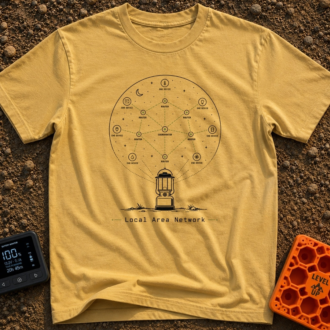 Lantern Networked Nights - T-Shirt in Mustard - A line drawing of a classic camping lantern on the ground, with a large...